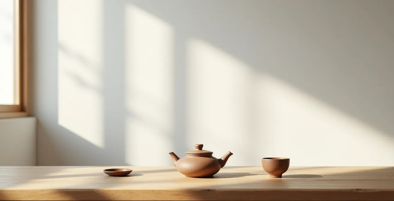 Espace épuré avec théière et tasse dans une lumière douce