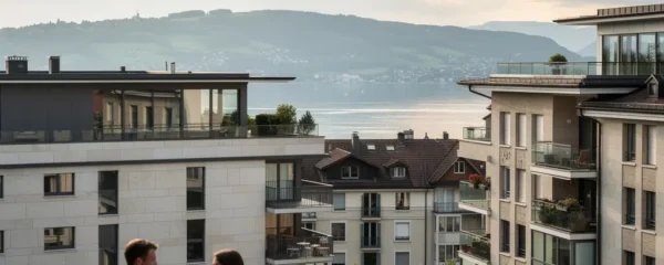 Vue panoramique sur Lausanne avec le lac Léman et immeubles résidentiels typiques du marché immobilier vaudois