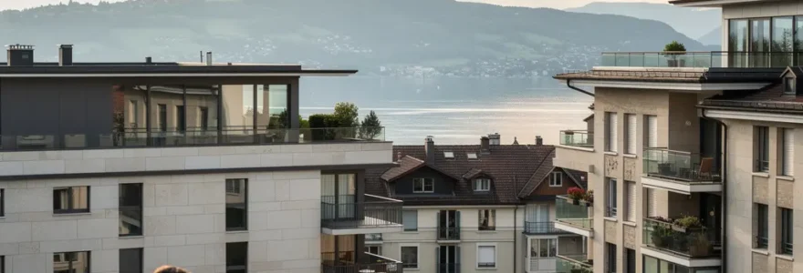 Vue panoramique sur Lausanne avec le lac Léman et immeubles résidentiels typiques du marché immobilier vaudois