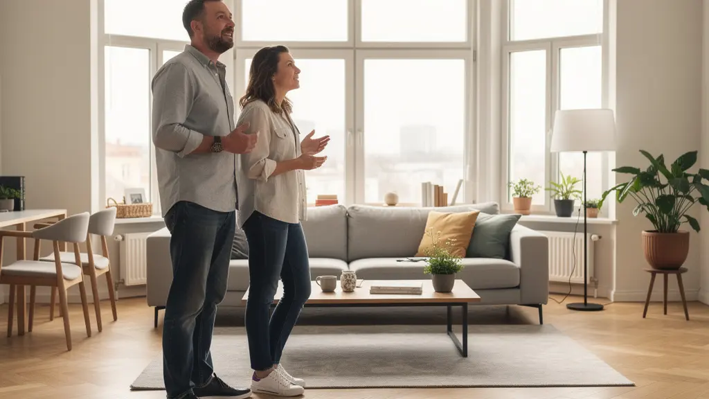 Couple visitant un appartement lumineux lors d'une visite immobilière accompagnée à Lausanne